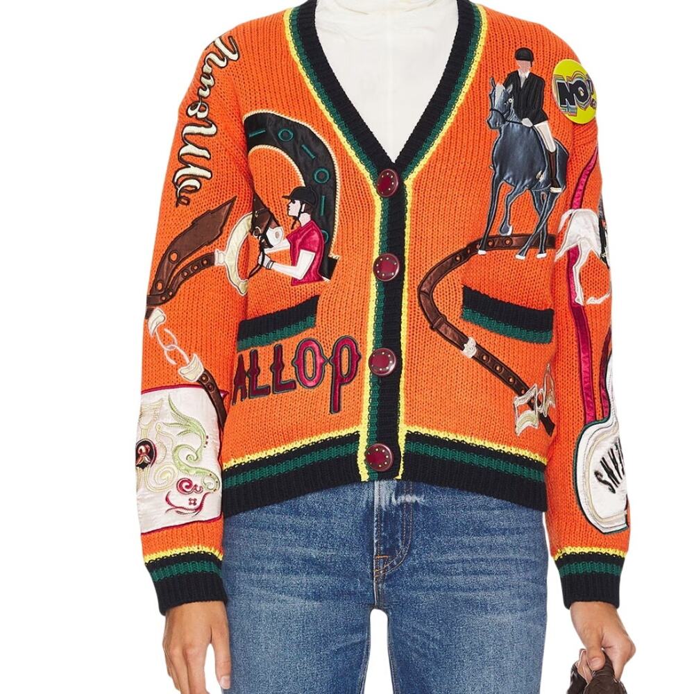 No! Jeans Orange Equestrian Patchwork Cardigan Size 2 Small
